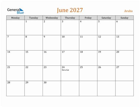 Free June 2027 Aruba Calendar