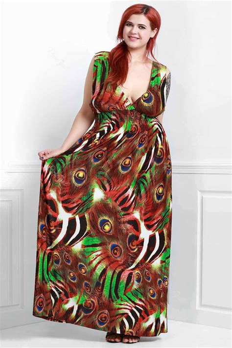 Colormix Sexy Plunging Neck Peacock Print Sleeveless Dress For Women