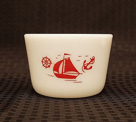 Vintage Mckee White Milk Glass Red Ship Sailboat Medium Kitchen