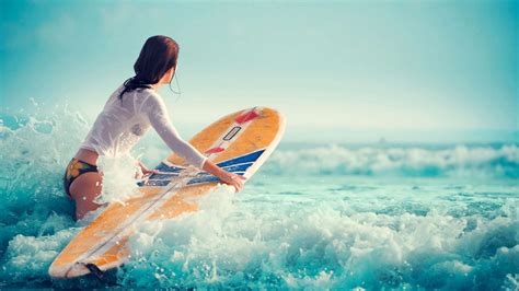 Sexy Girl Beach Surfing Fitness Foto Papel De Parede Visualização