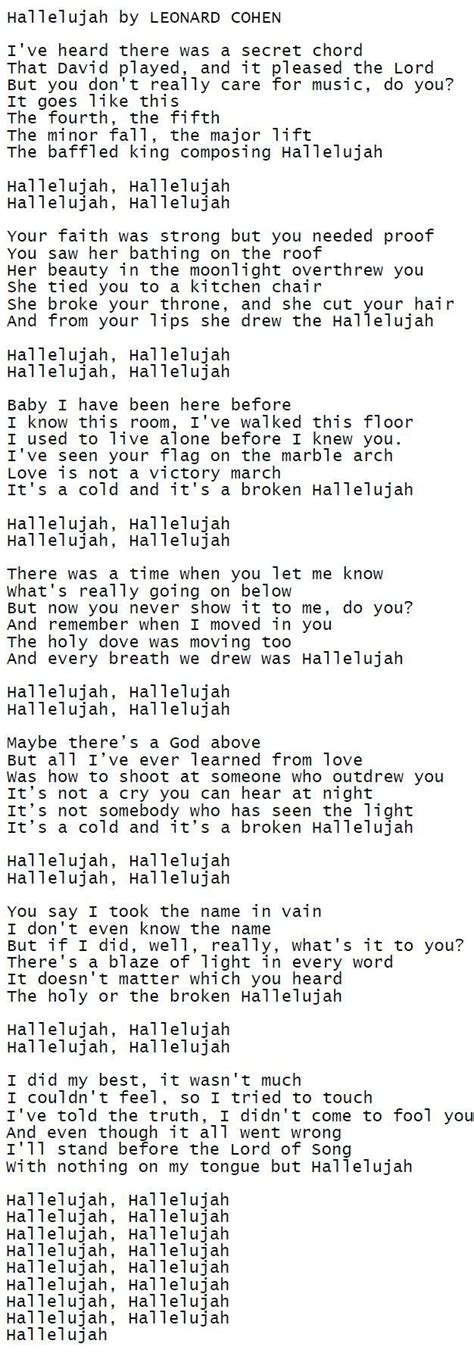 Hallelujah By Leonard Cohen Leonard Cohen Hallelujah Song Lyrics Hallelujah Lyrics Great