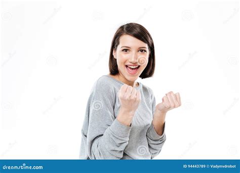 Happy Young Woman Showing Fists And Looking At Camera Stock Image