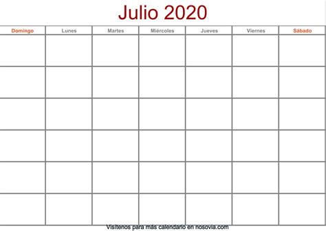 Calendario Julio 2020 En Blanco Palabra Gratis