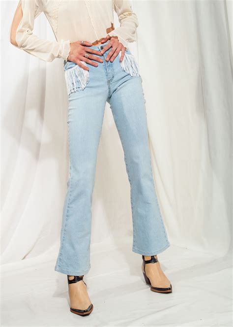 Vintage Flare Jeans Y2k Rework Western Fringe Denim Trousers Pop Sick