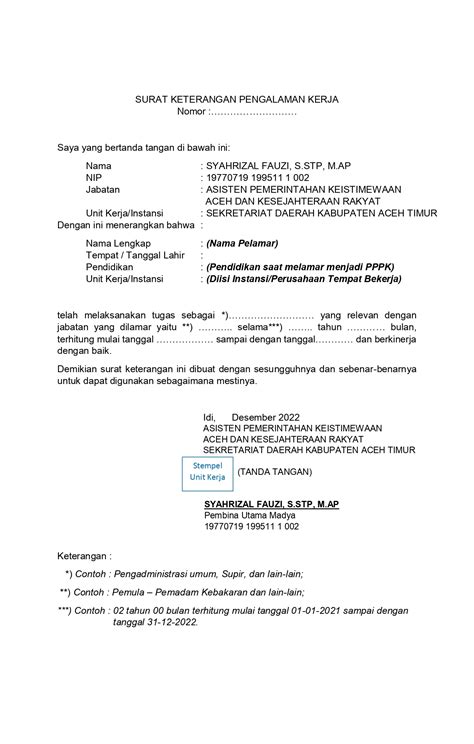 Alur Pembuatan Surat Pengalaman Kerja Pppk Tenaga Teknis Bkpsdm Aceh Timur