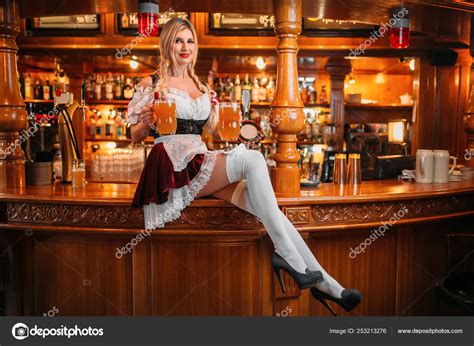 Sexy Waitress Retro Uniform Holds Two Mugs Fresh Beer Sits Stock Photo