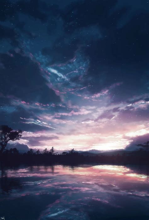 Wallpaper Water Reflection Sunset Sky Anime Landscape Scenery