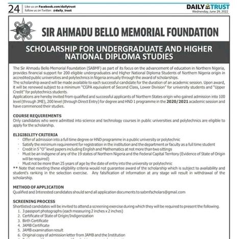 Sir Ahmadu Bello Memorial Foundation The Scholarship Scheme Will