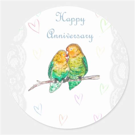Happy Anniversary Lovebirds Watercolour Design Classic Round Sticker