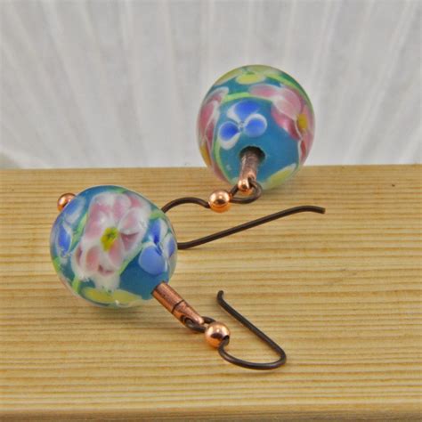 Czech Glass Flower Pink And Blue Handmade Dangle Earrings Made Etsy