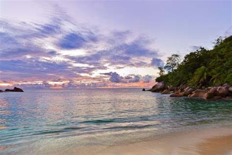 Seychelles Tropical Beach At Sunset Stock Image Image Of Dawn