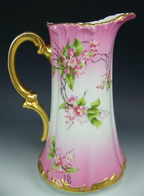 Ornate Limoges France Hand Painted Flowers Pitcher Tankard