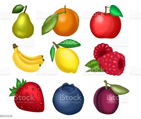 Vector Image Set Of 9 Images Of Fruits Pear Orange Apple Banana Lemon