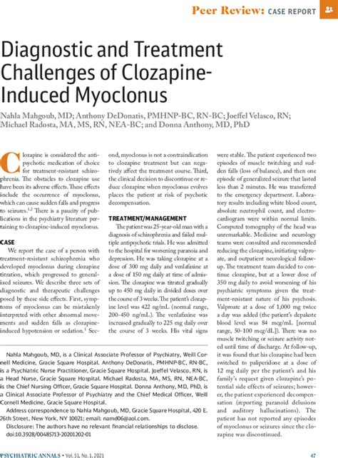 Diagnostic And Treatment Challenges Of Clozapine Induced Myoclonus
