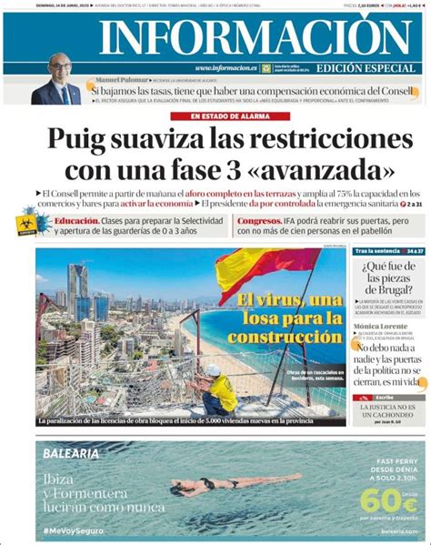 Periódico Diario Información España Periódicos De España Edición De Domingo 14 De Junio De
