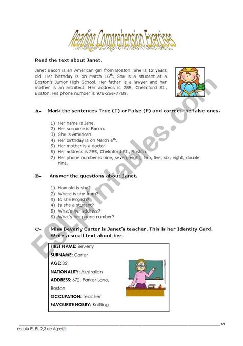 In the real test of course, the. Reading Comprehension Exercises - ESL worksheet by Jayce