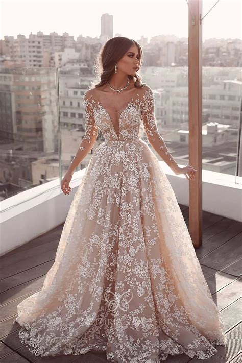 Nude Tulle Lace Long Sleeve Boho A Line Wedding Gown VQ