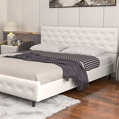 mecor white upholstered faux leather platform bed with solid wooden slat support and button