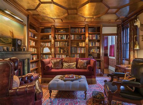 Old World Library With Gilt Coffered Ceiling Decoratively Painted