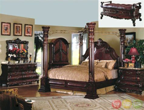 This bed has rails at the top, into which finials are placed on each corner. Queen Cherry Poster Canopy Bed w/ Leather 4 pc Master ...