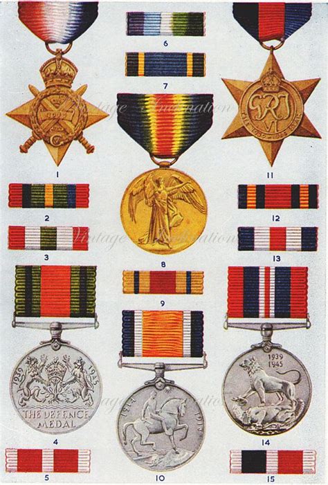 1950 Antique British Medals Ribbons Print 2 Military Orders