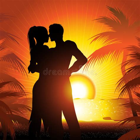 Silhouette Des Couples Sur La Plage Au Coucher Du Soleil Illustration De Vecteur Illustration