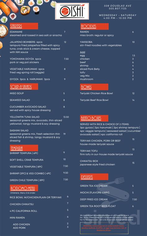 OISHI menu in Las Vegas, New Mexico, USA