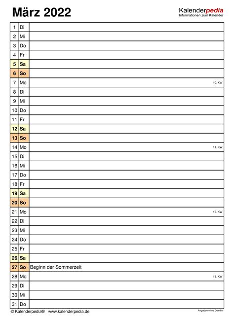 Kalender März 2022 Als Excel Vorlagen