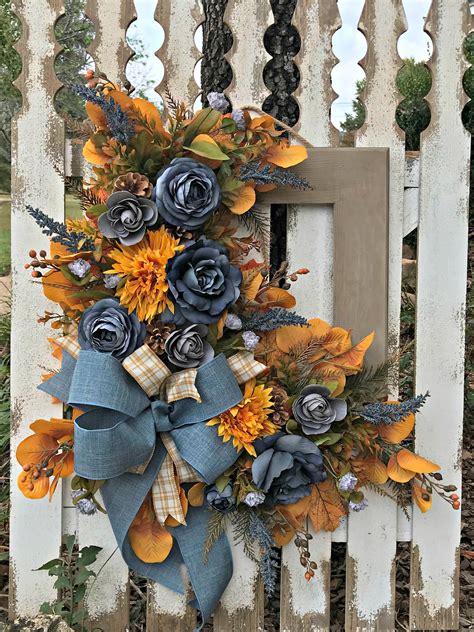 Square Blue And Yellow Fall Frame Wreath For Front Door Fall Etsy
