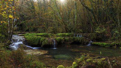 France Forests Waterfalls Jura Franche Comte Rays Of Light Stream