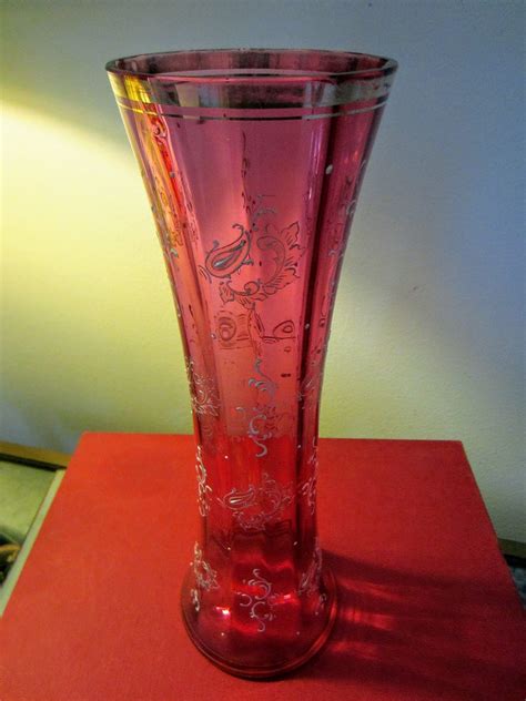 Monumental Bohemian Pink Glass Vase Gold Flowers Enameling Rim Designer Unique Finds