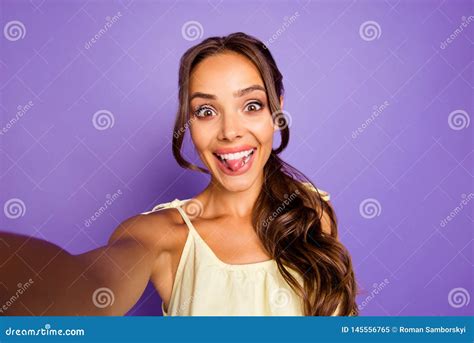 Close Up Photo Portrait Of Careless Charming Pretty With Teeth Beaming Smile She Her Lady Making
