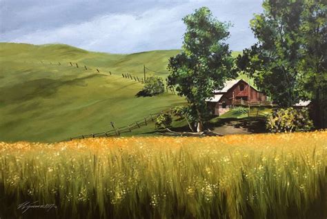 Acrylic Painting On Canvas Hand Painted Barn In The Valley Reservation