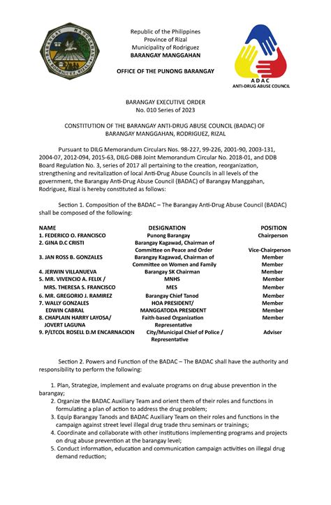 Executive Order Badac 2023 Barangay Manggahan Province Of Rizal