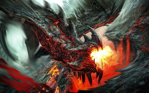 Black And Red Dragon Breathing Fire Digital Wallpaper Dragon Fantasy