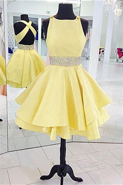 Yellow Satin Beaded Short Backless Homecoming Dresses Cheap Homecoming Dress Z0025 Backless