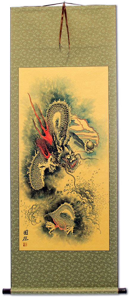 Flying Chinese Dragon And Lightning Pearl Chinese Wall Scroll