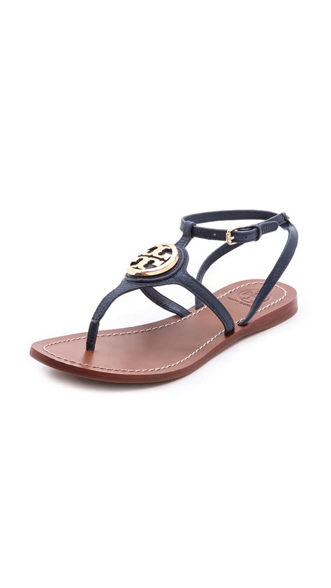 Tory Burch Leticia Flat Thong Sandals Tan In Blue Newport Navy Lyst