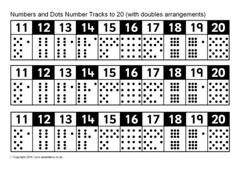This dot to dot uses numbers 1 to 20, so it is ideal for younger learners. Numbers and Dots Number Tracks 1-20 (with doubles arrangements) (SB11440) - SparkleBox