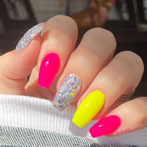 Bright Neon Pink Yellow Silver Glitter Summer Nails In 2021 Pink