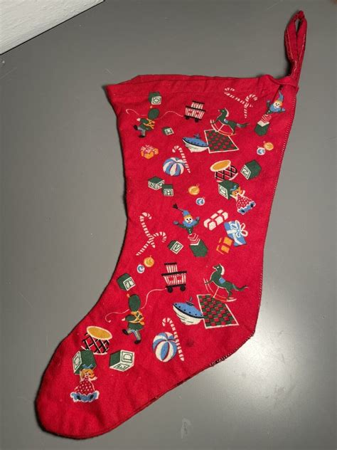 vintage christmas stocking 1950 s red santa toys ebay