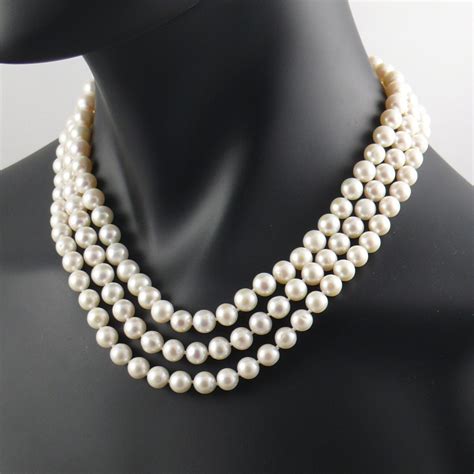3 Strand White Pearl Necklace The Real Pearl Co