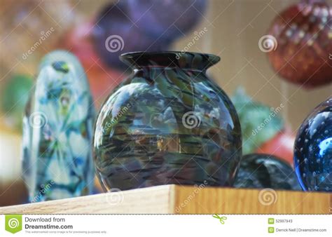 An Assortment Of Artisan Blown Glass Objects And Ornaments Stock Image Image Of Object Wood