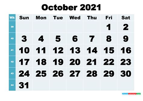 Free Printable October 2021 Calendar Word Pdf Image