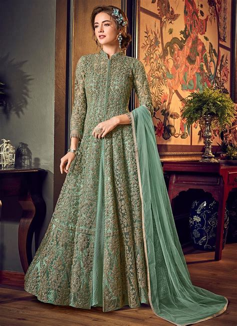 Light Green Jacket Style Net Embroidered Anarkali Suit Salwar Kameez Designer Collection