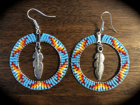 Beaded Hoop Earrings W Feather Native American Style Beadwork In Lt Blue Multi Ebay Bead