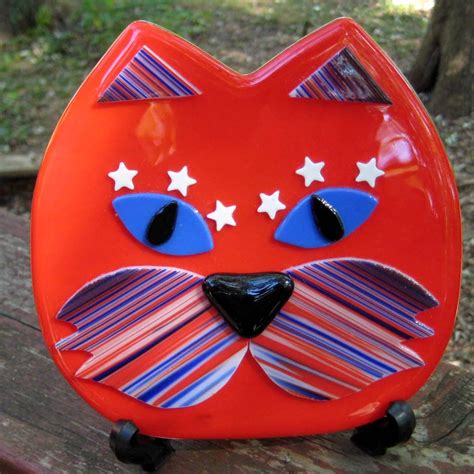 Red Fused Glass Cat Wall Hanging Red All American Kitty Cat Fused Glass Wall Art Usa Wall Art