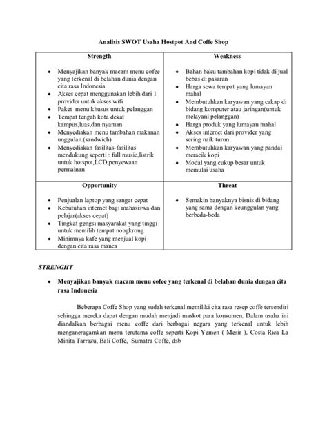Analisis ini menggambarkan kondisi dari bisnis anda mulai dari kekuatan, kelemahan, peluang serta ancaman yang mungkin akan anda terima. Analisis Swot Cyber Coffe Shop