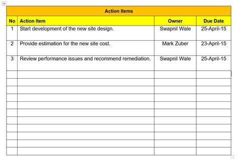 Action Items Excel Template