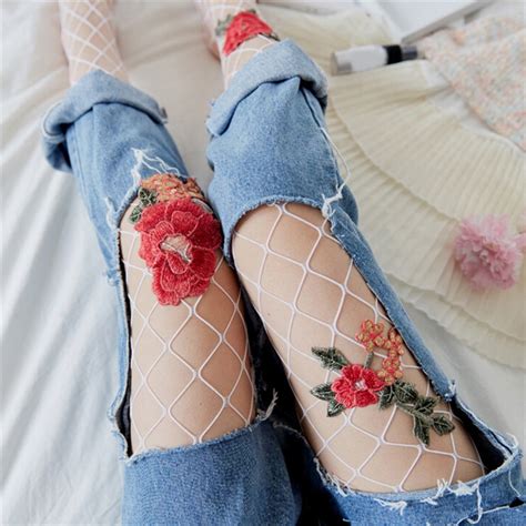 Women High Waist Tights Embroidery Flowers Pantyhose Fishnet Stockings Femme In Tights From